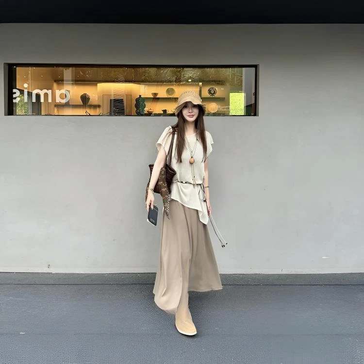 亚麻棕色无袖长款连衣裙夏秋装女款女装连衣裙女秋冬高级感套装