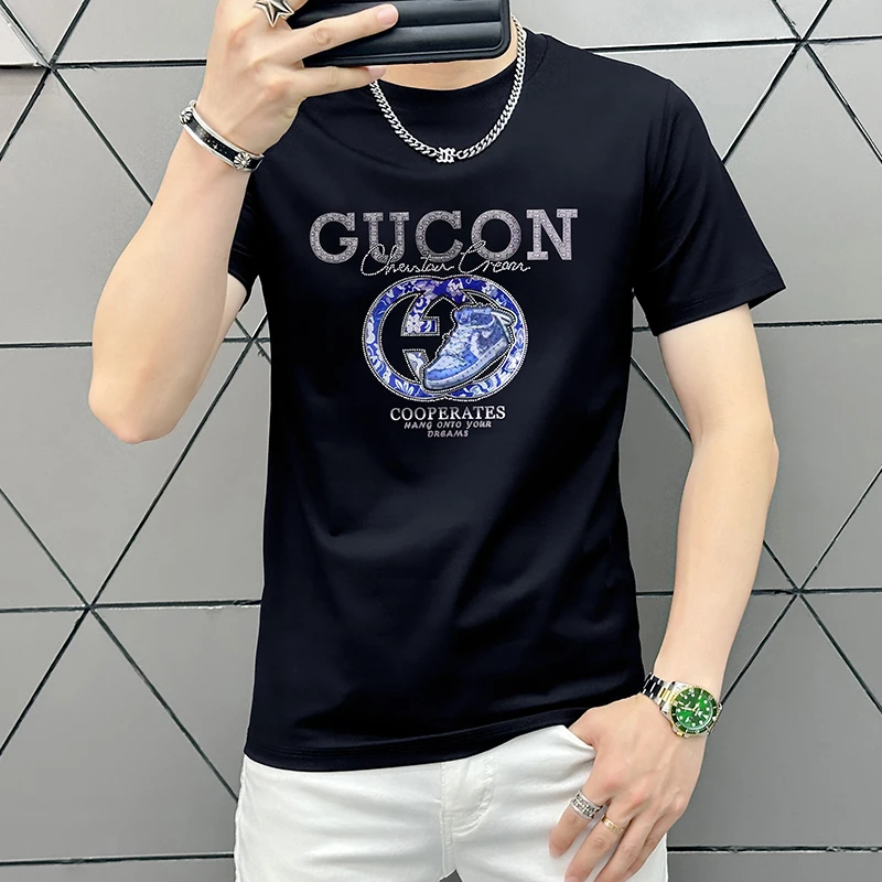 夏季新款潮流轻奢圆领短袖t恤男士立体字母透气百搭高端印花衣服