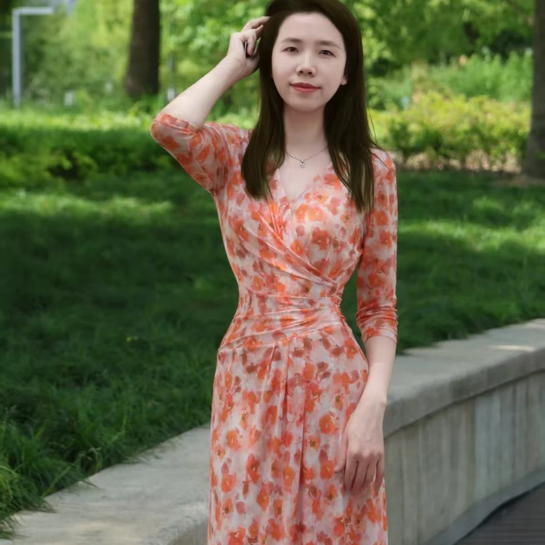 橙色碎花长款修身套头连衣裙显瘦裙子裹身裙