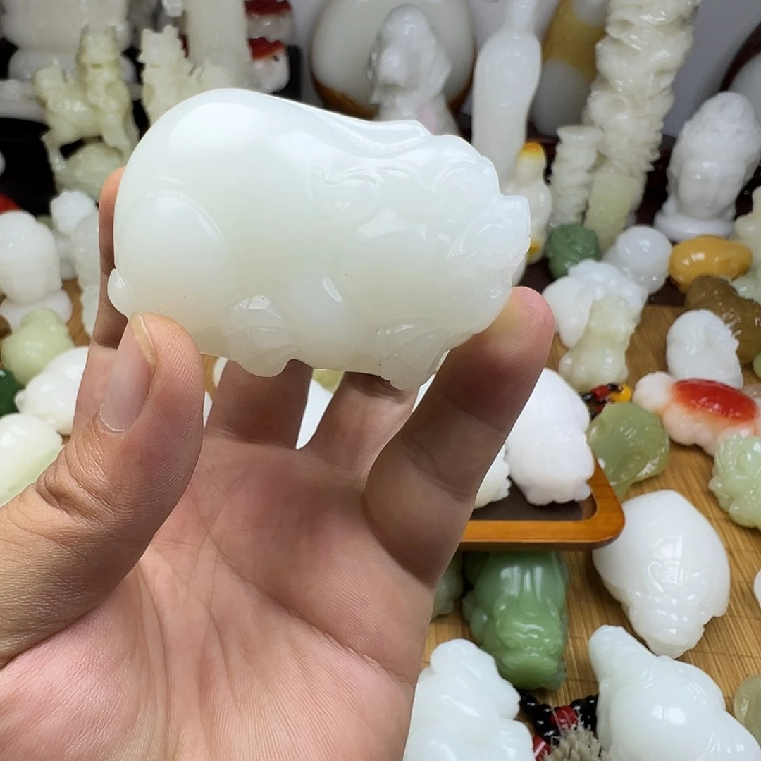 石材胖*象青海手工雕刻貔貅手把