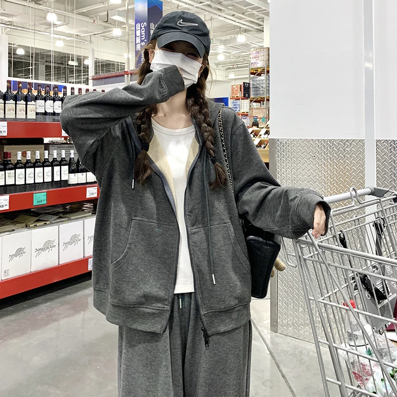 灰色慵懒风连帽设计感套装女春2025新款松弛感卫衣外套裤子两件套