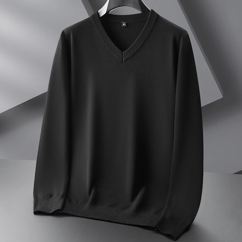 春秋季V领长袖针织衫男加肥大码纯色上衣肥佬宽松鸡心领毛衣