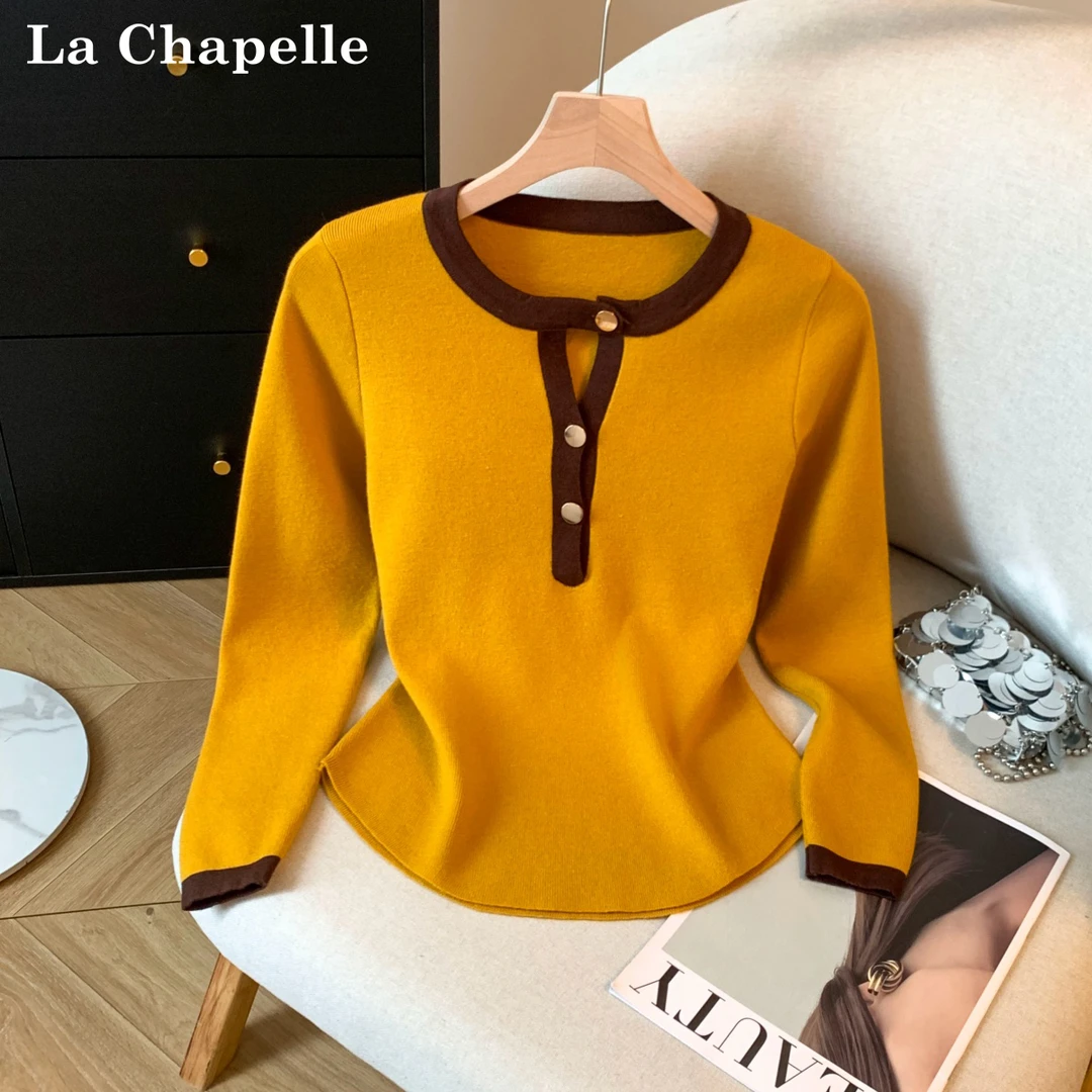 拉夏贝尔复古撞色长袖针织衫女秋季新款时尚百搭老钱风打底衫上衣