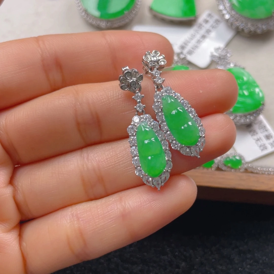 翡翠耳饰银S925镶嵌翡翠