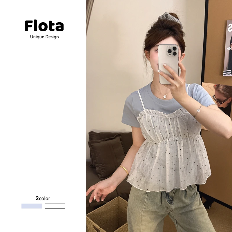 【flota】韩版甜美网纱波点吊带假两件拼接夏季设计感短袖上衣1364