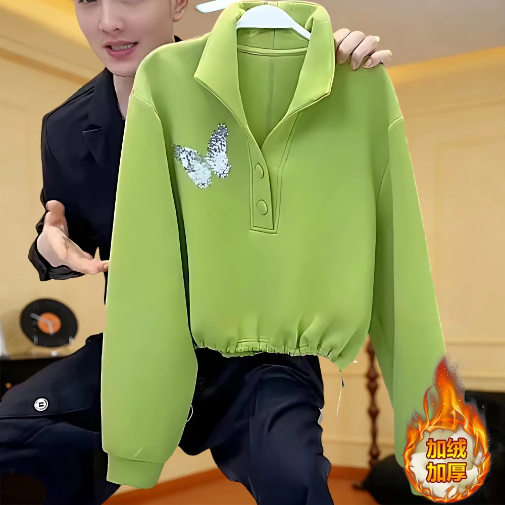 秋冬季新款加绒设计感小众炸街高级感女装半开领翻领卫衣显瘦上衣