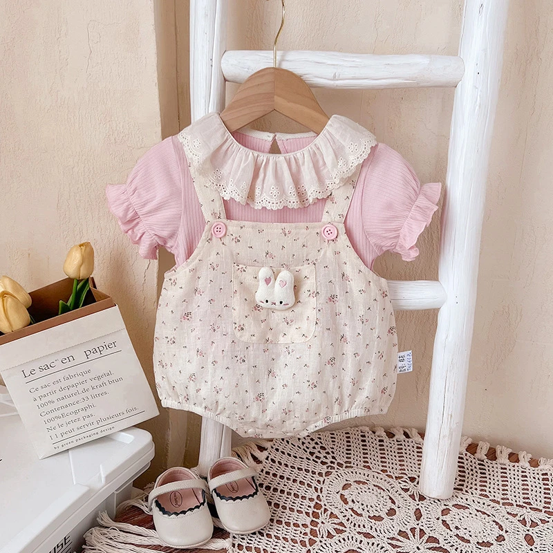 女宝宝童碎花背带裤夏季婴幼儿短袖薄款连体裤包屁衣洋气两件套夏