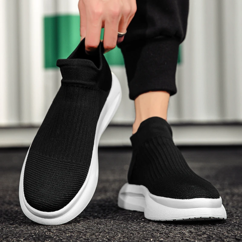 男鞋秋季2025新款网面透气厚底运动休闲男士一脚蹬轻便软底袜子鞋