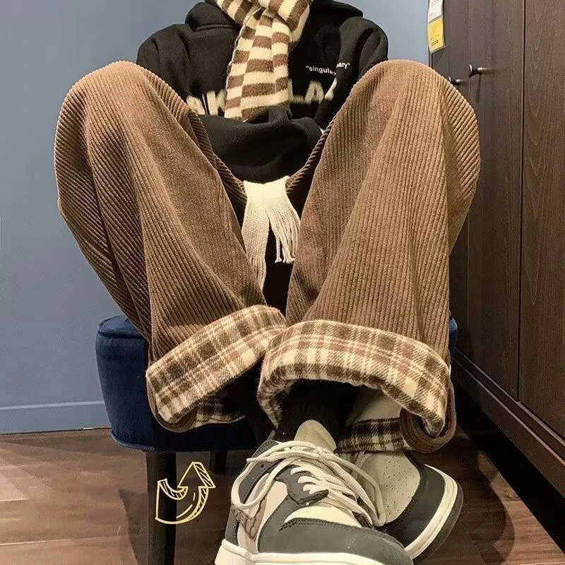 灯芯绒阔腿裤女2025新款春秋冬季加绒运动裤子宽松大码直筒休闲裤