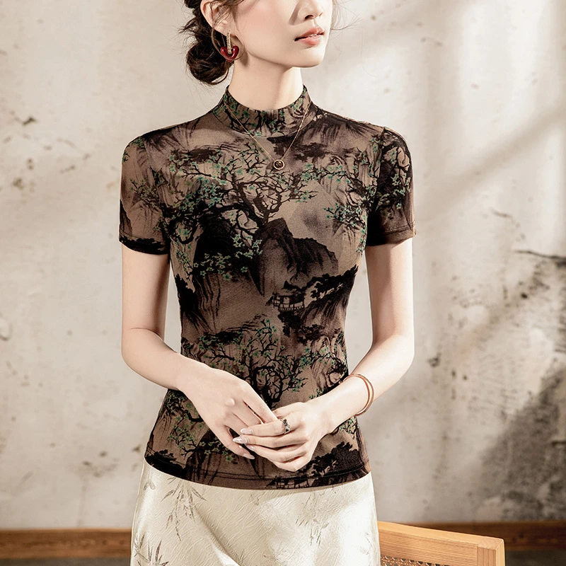 网纱短袖立领印花上衣女新款夏季修身T恤半高领潮彩神洋气小衫女