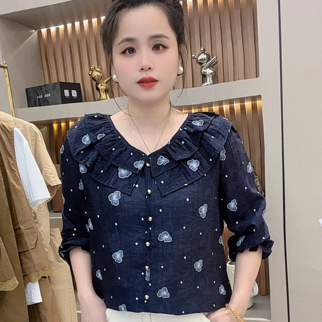 时尚妈妈装秋季新款花边领纯色抽绳长袖气质显瘦小衫1