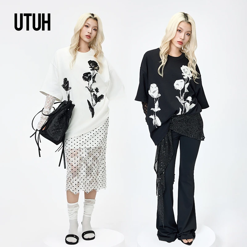 UTUH 小众宽松印花设计师重工T恤女配蕾丝袖套TDWWR1T110