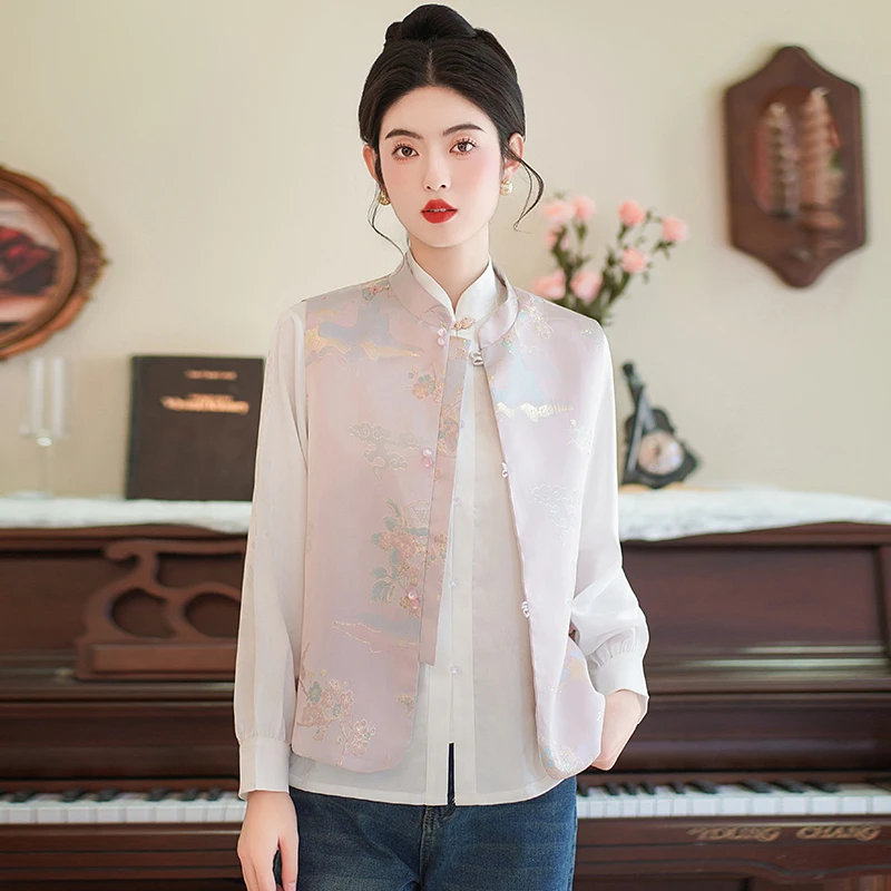 新中式国风缎面马甲坎肩女士春秋无袖盘扣马夹民族风刺绣背心上衣