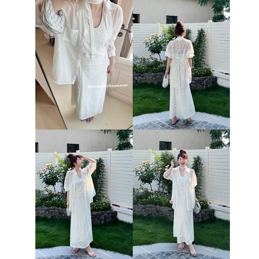 晶咕【纯白之恋】法式提花挂脖连衣裙+后背提花开叉长袖衬衫