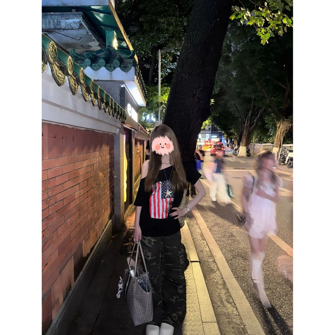 复古性感斜肩短袖t恤女夏季显瘦百搭慵懒感一字肩美式潮牌上衣服