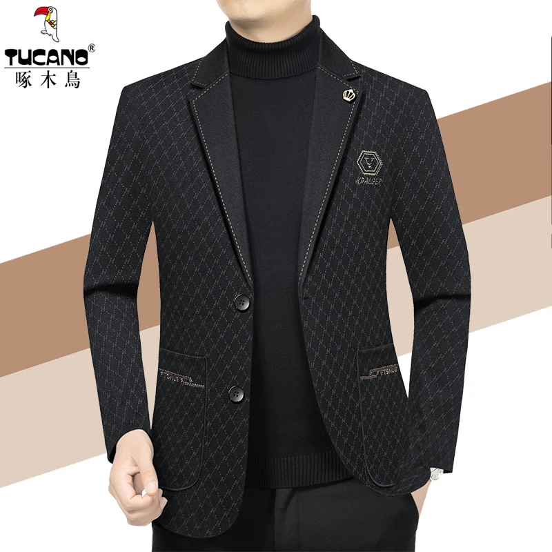 啄木鸟男装休闲西装男士外套秋冬厚款加绒毛呢西服上衣男修身韩版