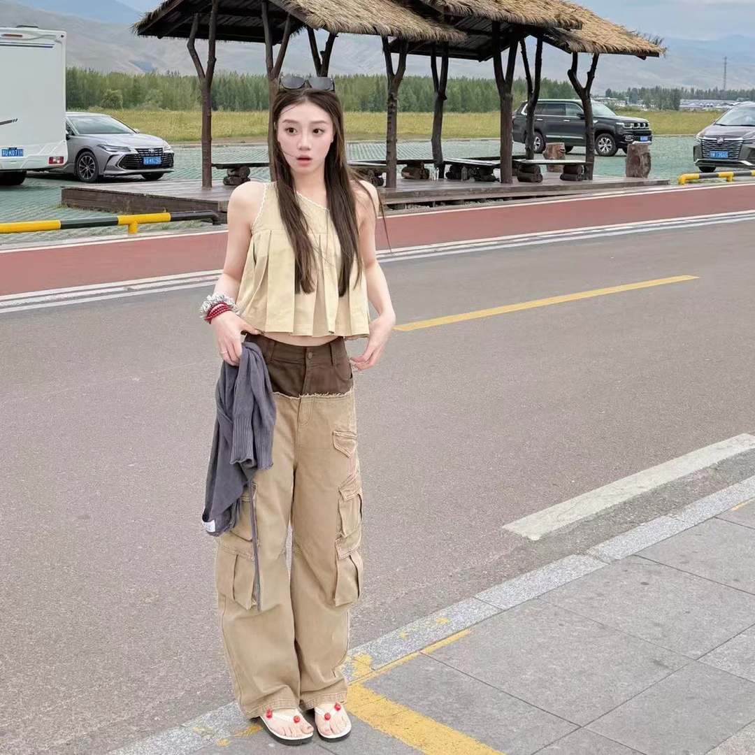 JAC FLEURANT2025春夏新品卡其色蕾丝边百褶斜肩上衣显瘦辣妹