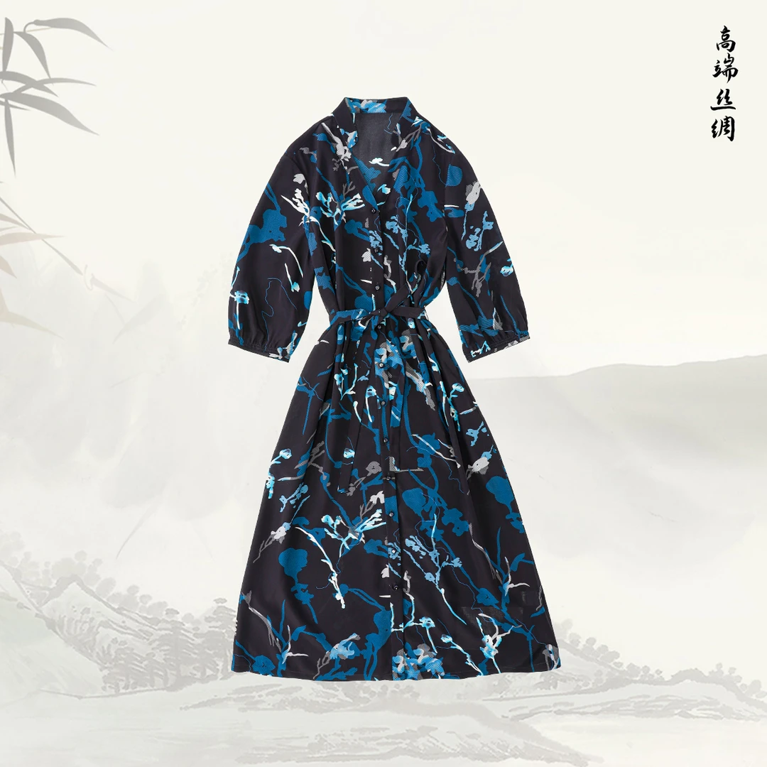 【蓝颜】品牌新款桑蚕丝V领印花显瘦系带连衣裙519878
