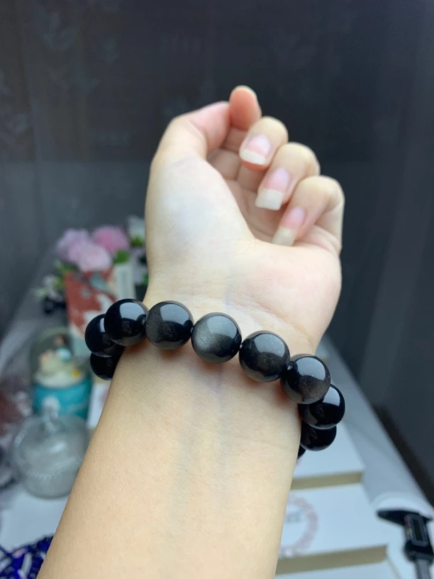 双眼银曜石卡12.5mm纯天然曜石手串男女同款情侣饰品礼物银曜石