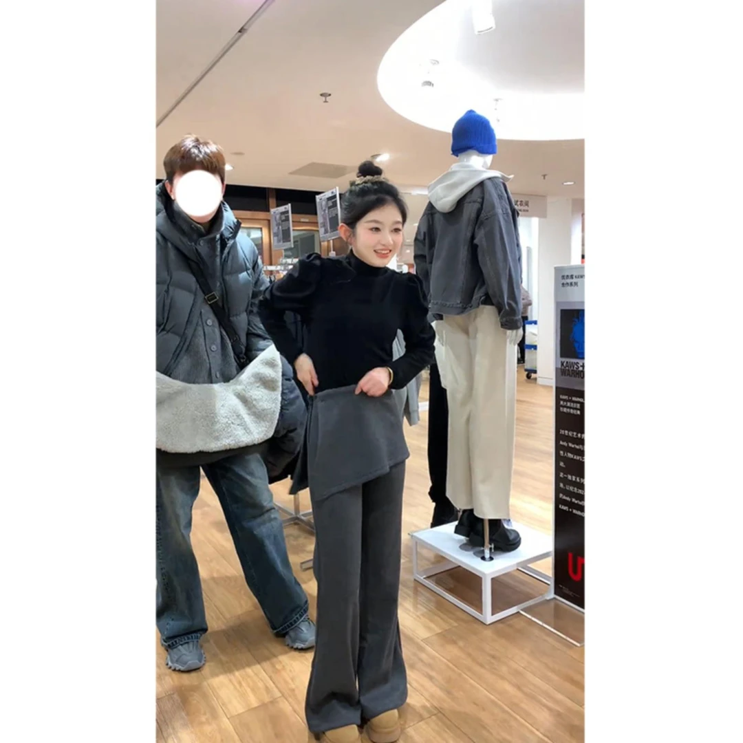 假两件拼接阔腿休闲裤女2025早春新款百搭高腰显瘦微喇拖地长裤子