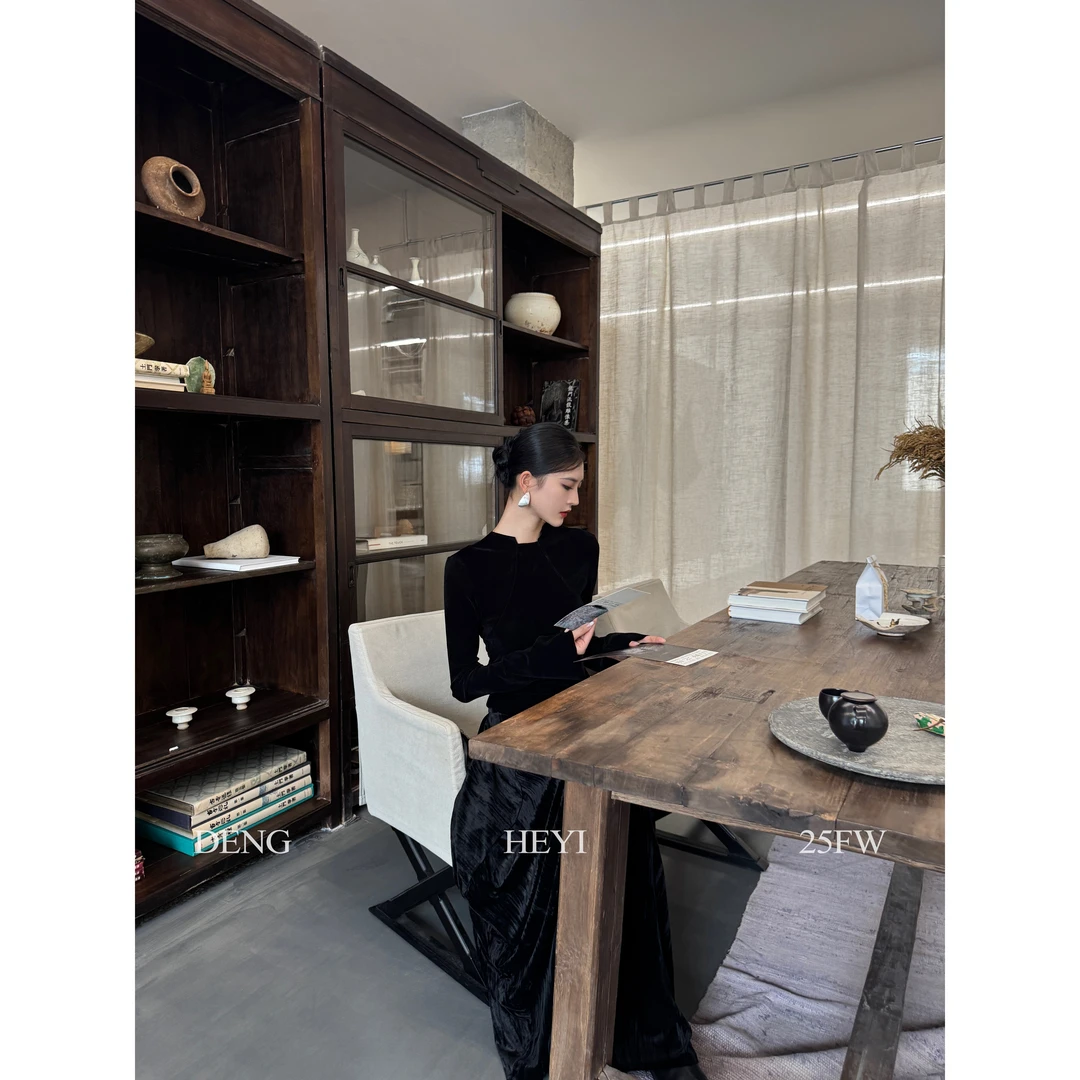 HEYI【流动艺术】小众黑色上衣立裁设计两件套丝绒垂感半身裙套装