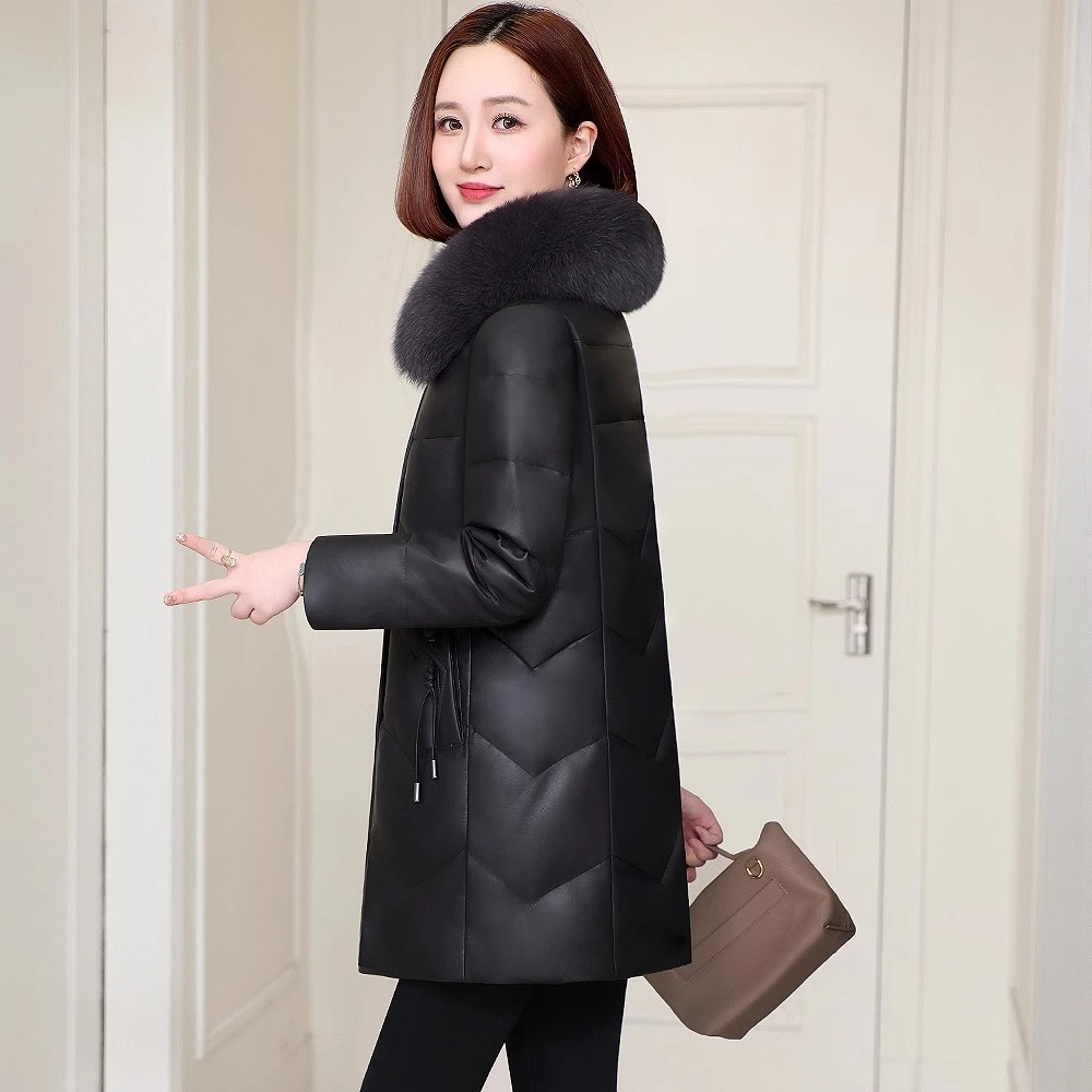 2025年新款冬季真皮羽绒服女绵羊皮拆卸狐狸毛领海宁皮衣中长外套