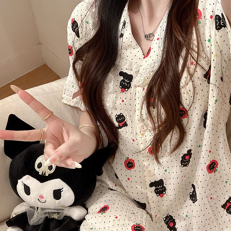 花边小黑猫睡衣女夏季ins泡泡棉短袖短裤长裤三件套装夏天家居服