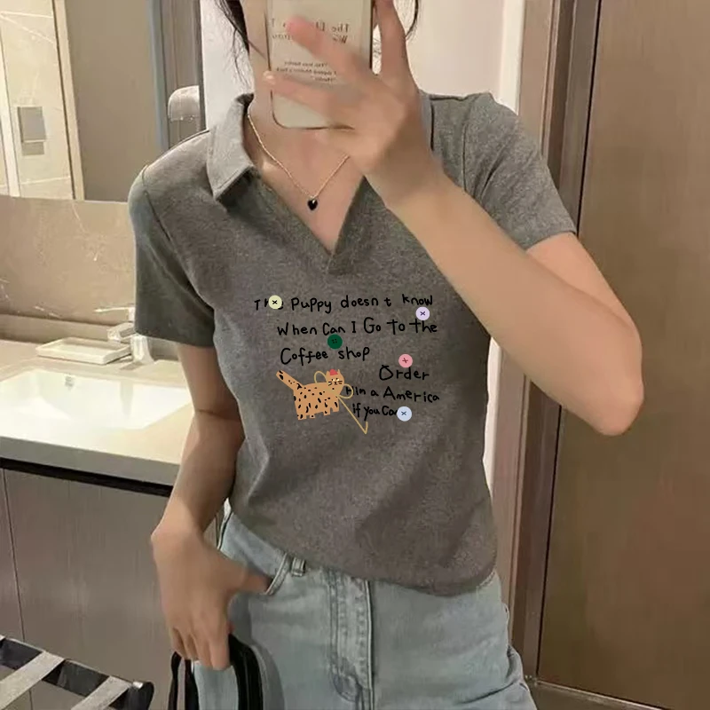 欧货POLO领高级灰短袖女t恤2025新款夏季修身打底衫短款洋气上衣