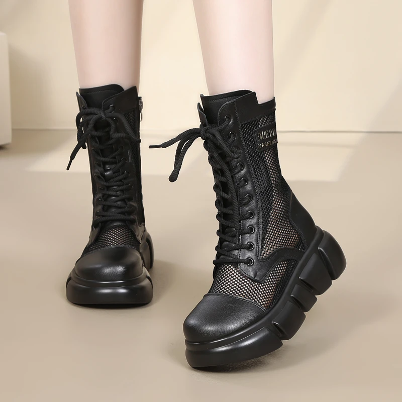 网纱透气镂空马丁靴女2025夏季新款百搭中筒厚底网靴轻便薄款凉靴