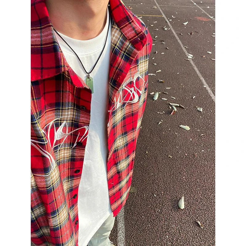 美式红色格子长袖衬衫男款春季新款复古百搭高街刺绣宽松衬衣外套
