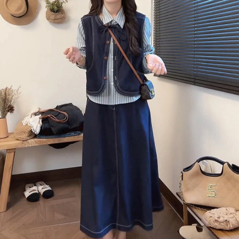 韩系高级感套装2025春秋新款复古牛仔马甲条纹衬衫半身裙三件套装