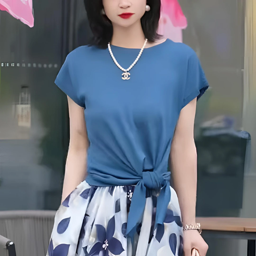 夏季薄款系带不规则显瘦针织衫女短袖圆领T恤小众设计感气质上衣