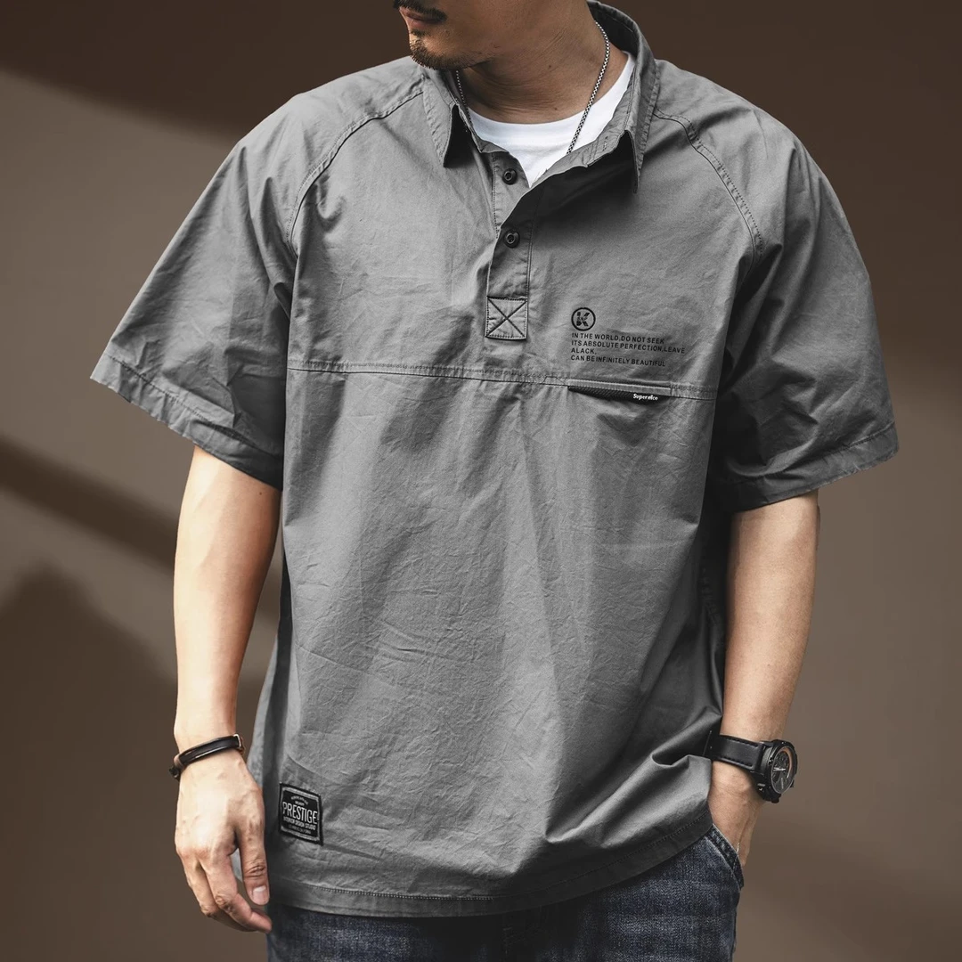 美式休闲高端纯棉工装Polo衫男夏季宽松衬衣男士翻领短袖体恤衬衫