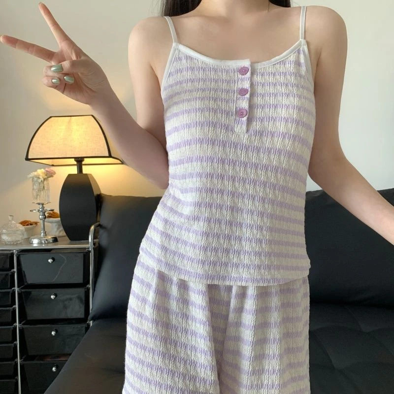 莫代尔睡衣女款夏季薄款带胸垫一体性感条纹吊带短裤两件套家居服