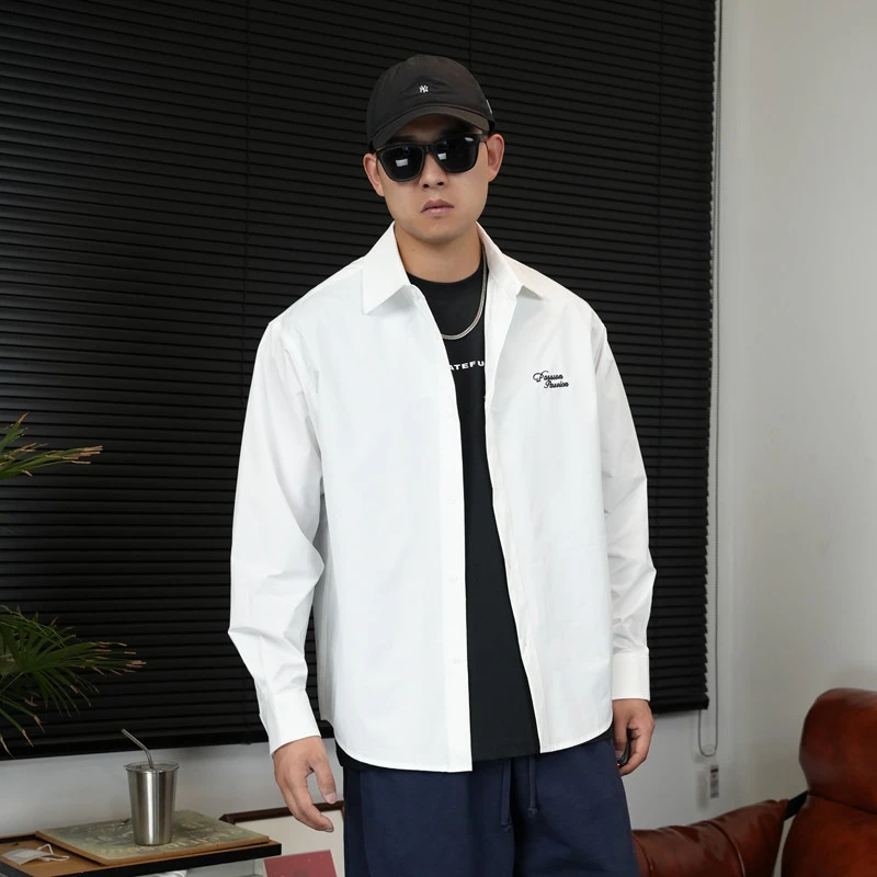 潮牌高街春夏季美式休闲刺绣衬衫男士长袖宽松百搭防晒翻领衬衣薄