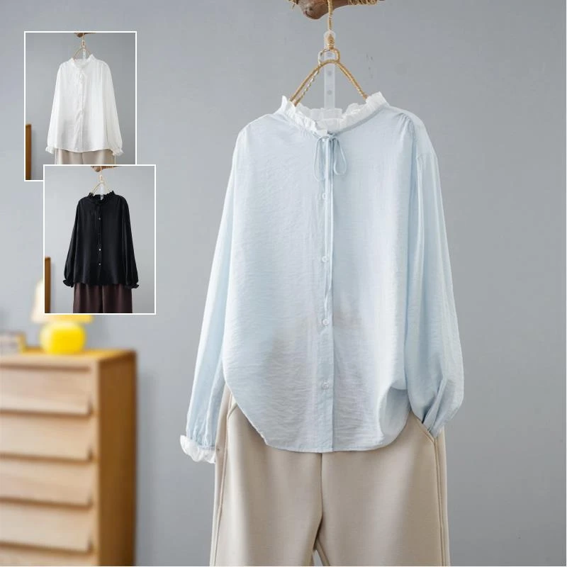 2025女装胖妹妹新款春装百搭上衣女系带花边领大码遮肉藏肉衬衫