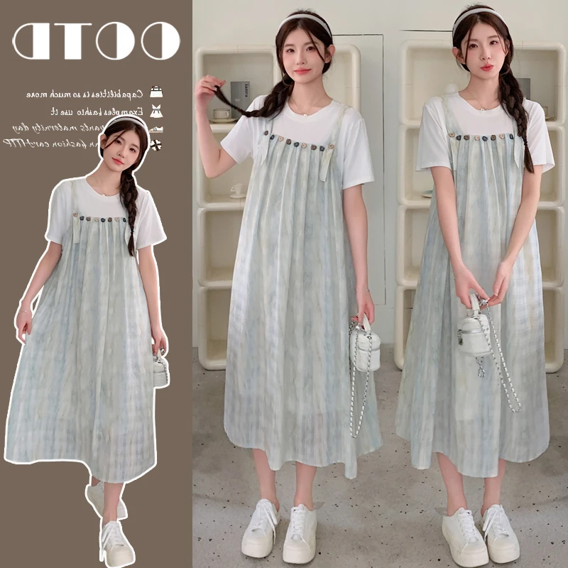 2025夏季新品孕妇装韩版时尚薄荷曼波绿气质宽松假两件孕妈连衣裙