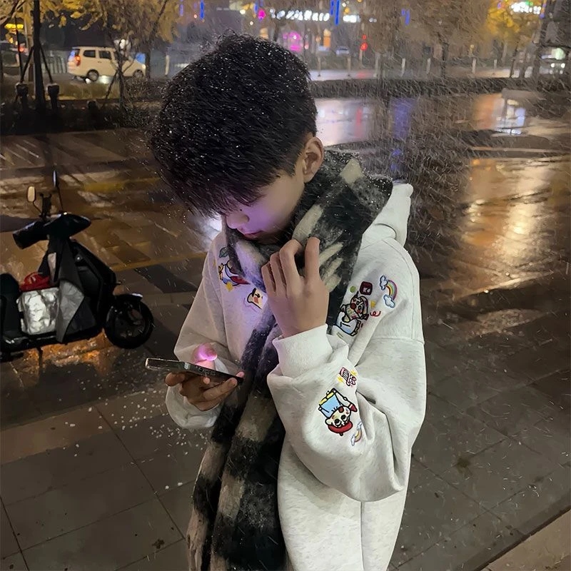 美式复古连帽刺绣纽扣小新卫衣男女秋冬加绒加厚韩系慵懒风外套潮