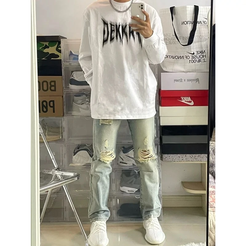 labzaa街vibe字母印花纯棉长袖T恤男秋季街头百搭圆领宽松打底衫