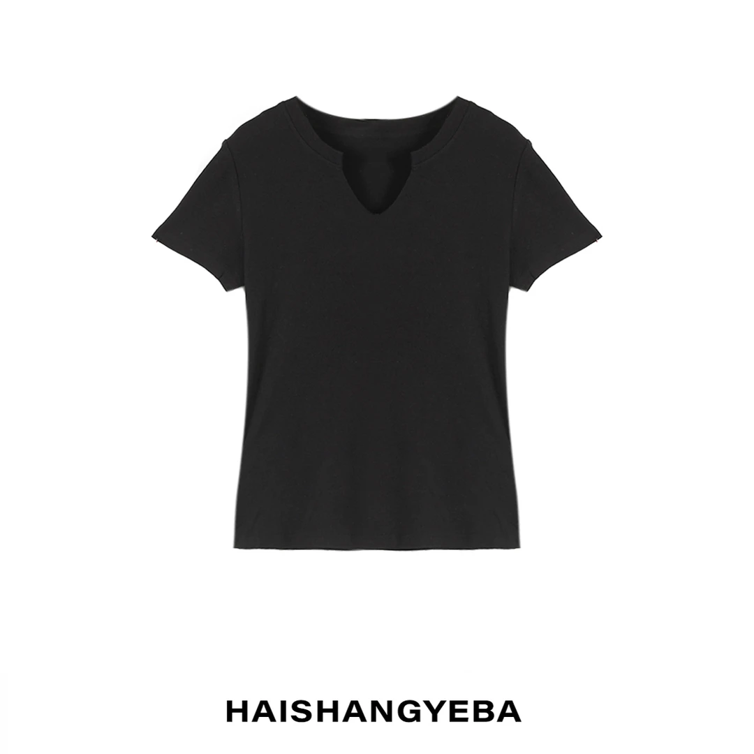 【海上叶爸】新款2025夏季百搭醋酸小v领休闲简约通勤T恤