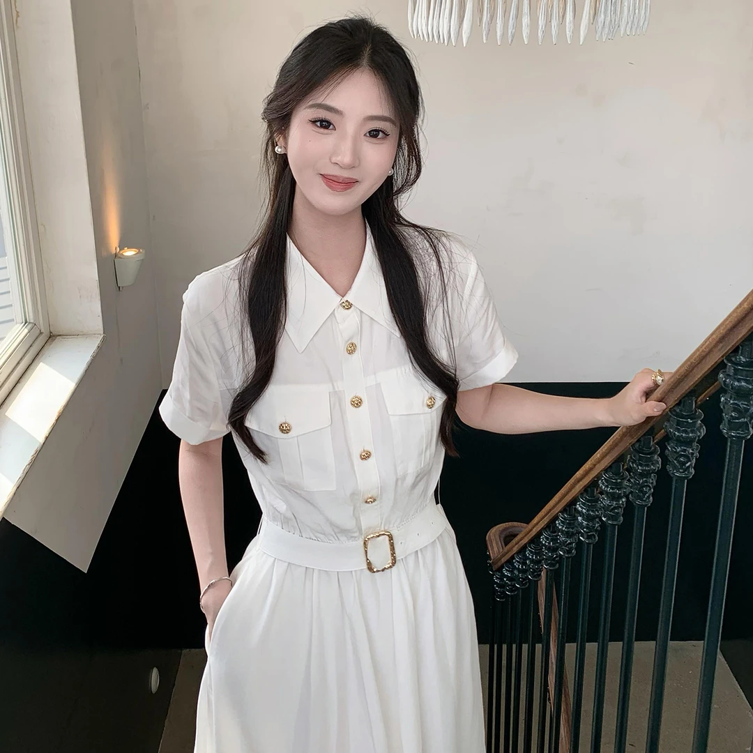 学院风白色衬衫连衣裙子女夏季201451黑色中长款连衣裙