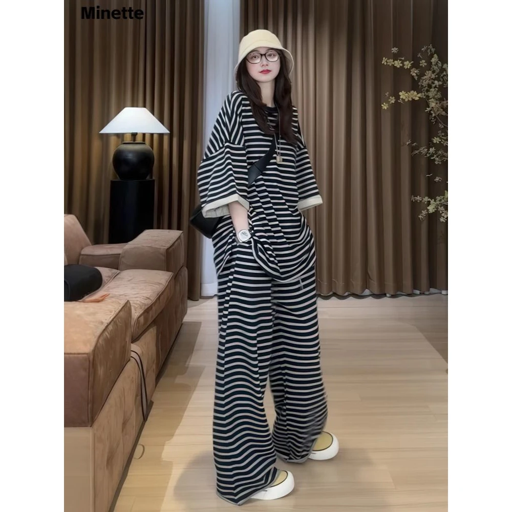 Minette条纹套装女2025夏季新款慵懒宽松长袖上衣+阔腿裤两套装显