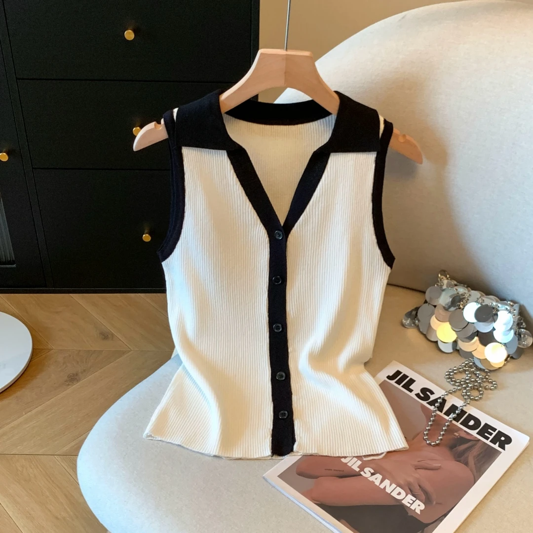 气质单排扣撞色V领无袖针织衫女2025年夏季新款韩版修身显瘦背心