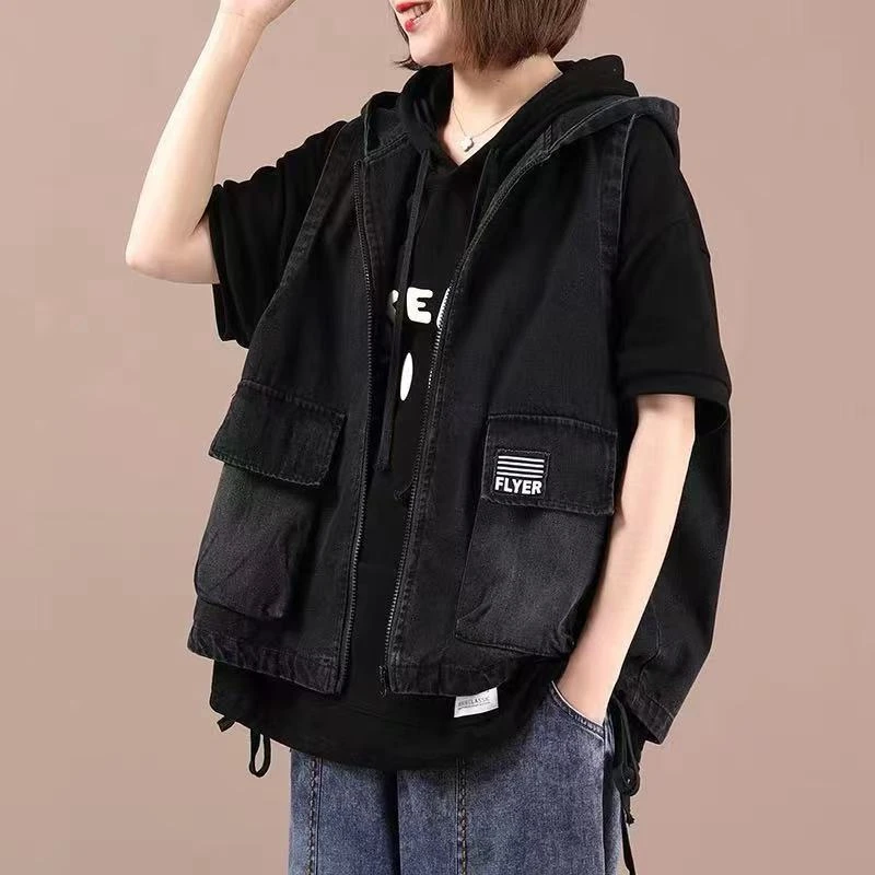 连帽牛仔马甲女春秋新款韩版宽松大码宽松显瘦百搭休闲马夹短外套