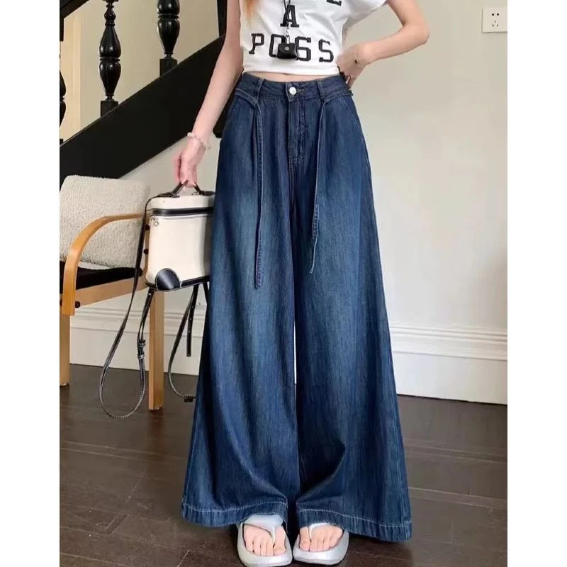 小个子美式深蓝色抽绳设计感高腰阔腿垂感牛仔裤女宽松显瘦拖地裤