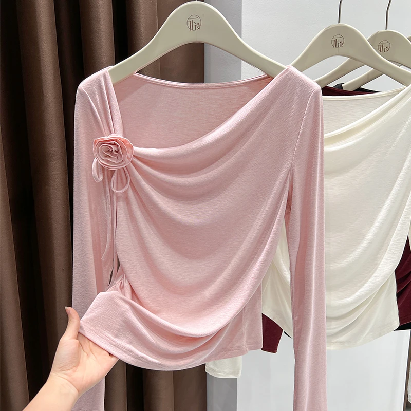 荡领绝美气质一字领露肩T恤女2025秋季爆款时髦漂亮粉色紧身上衣