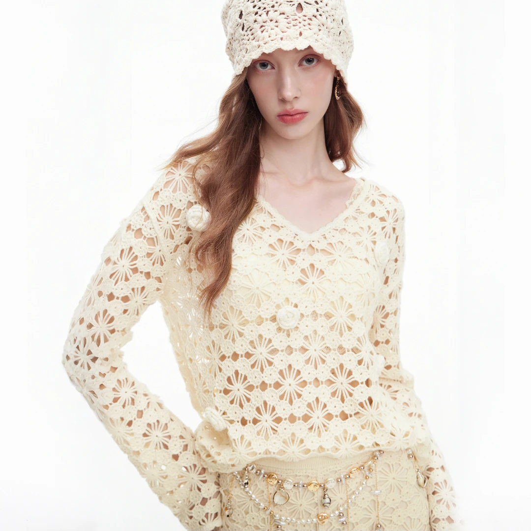 MISSCOCOON可可尼白色针织衫女2025秋季新款松弛感镂空绵羊毛上衣