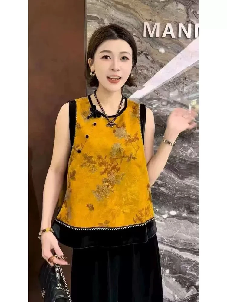 欧洲站新中式复古国风无袖马夹女2025秋季新款撞色拼接马甲外套潮