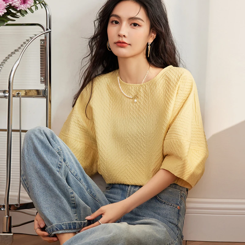 法式黄色泡泡袖正肩短袖T恤女夏季洋气小个子宽松显瘦半袖上衣潮