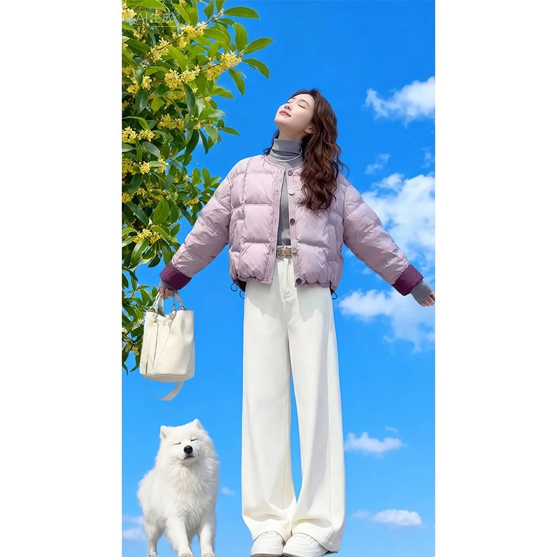 2025冬季新款圆领保暖棉衣女韩系多巴胺色系减龄显瘦百搭棉服外套